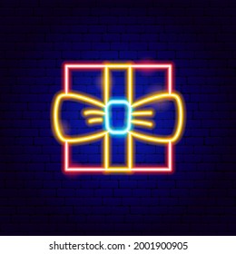 Gift with Bow Neon Sign. Vector Illustration of Present Promotion.