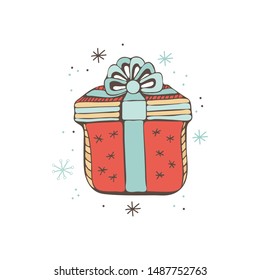 Gift with bow. New year and Christmas. Congratulation. Surprise. Festive decoration. Happy holiday. Isolated object on white background. Cute, kids style scrawl.
