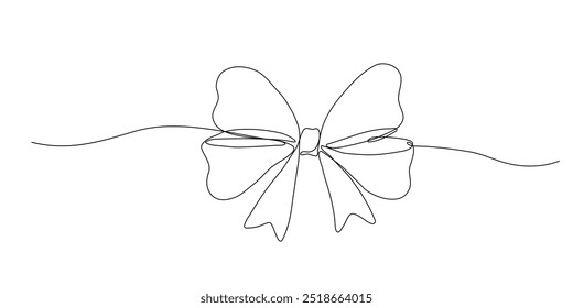 Gift bow one continuous line art. Drawing sketch. Ribbon vector icon