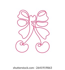 Gift bow. Pink coquette cherry. Cute aesthetic continuous line. Graphic sign. Vector girls simple illustration for posters, cards, logo, printing on t-shirt