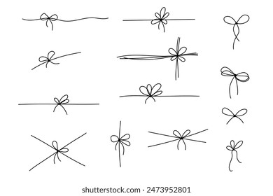 Regalo de arco para los iconos de regalo. Cinta con doodle de nudo, conjunto de dibujos de línea de Vector. Esbozo de corbata mínima de contorno aislado en blanco