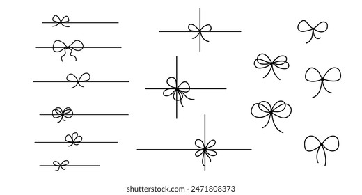 Gift bow for present icons set. Ribbon with knot doodle, vector line drawing. Outline minimal tie hand drawn sketch isolated on white