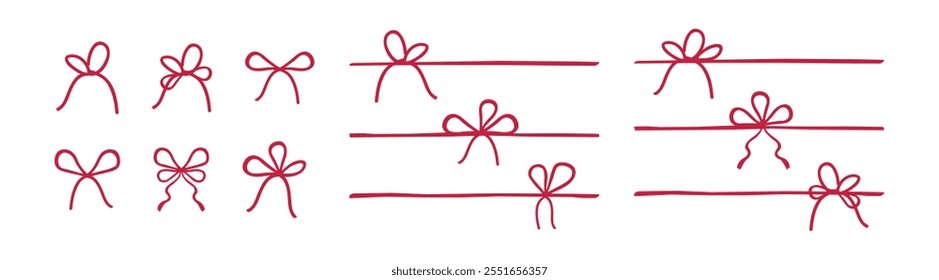 Gift bow for present icons set. Red bow gift ribbons minimal line set, vector drawing.

