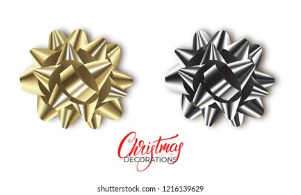 Gift bow. Realistic gold and silver metallic bows. Christmas and New Year decorations.
