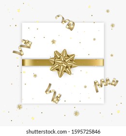 Gift bow realistic vector illustration white background. Golden ribbon present box decoration. design for birthday greeting cards, christmas celebration design, vector EPS 10 illustration