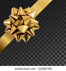 Gift bow realistic vector illustration on transparency grid. Golden ribbon present box decoration. Superior for birthday, christmas celebration design