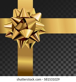 Gift bow realistic vector illustration on transparency grid. Golden ribbon present box decoration. Superior for birthday, christmas celebration design.