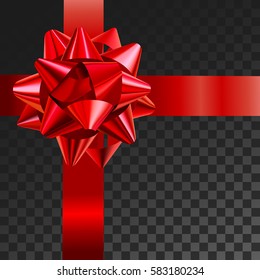 Gift bow realistic vector illustration on transparency grid. Red ribbon present box decoration. Superior for birthday, christmas celebration design