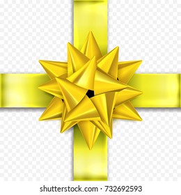 Gift bow ribbon for Birthday, New Year or Christmas holiday gift box decoration or greeting card design template. Vector yellow golden Bday flower bow gift wrapper on transparent background
