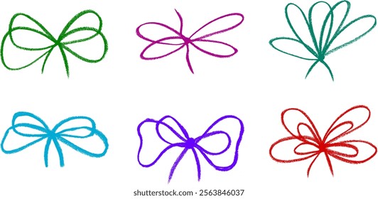 Gift Bow Ribbon Crayon Chalk Drawing Vector Set