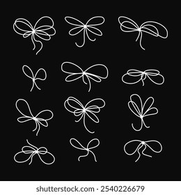 Gift bow ribbon line icon set on chalkboard background. Hand drawn knots for box in doodle style. Vector illustration perfect for holiday decor and seasonal designs.