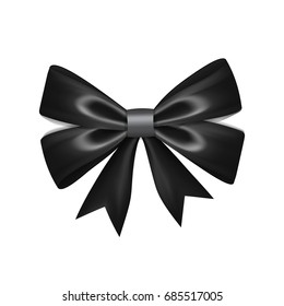 Gift bow ribbon silk. Black bow tie isolated white background. 3D gift bow tie for Christmas present, holiday decoration, birthday celebration. Decorative satin ribbon element Vector illustration