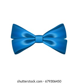 Gift bow ribbon silk. Blue bow tie isolated white background. 3D gift bow tie for Christmas present, holiday decoration, birthday celebration. Decorative satin ribbon element Vector illustration