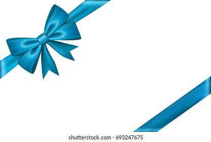 Gift bow ribbon silk. Blue bow tie isolated white background. 3D gift bow tie for Christmas present, holiday decoration, birthday celebration. Decorative satin ribbon Vector illustration