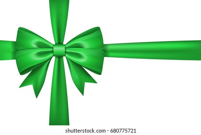 Gift bow ribbon silk. Green bow tie isolated white background. 3D gift bow tie for Christmas present, holiday decoration, birthday celebration. Decorative satin ribbon element Vector illustration