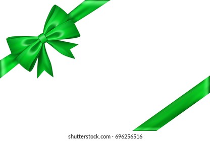 Gift bow ribbon silk. Green bow tie isolated white background. 3D gift bow tie for Christmas present, holiday decoration, birthday celebration. Decorative satin ribbon element Vector illustration