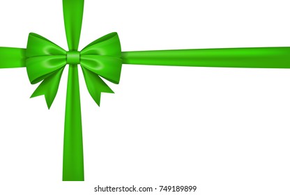 Gift bow ribbon silk. Green bow tie isolated white background. 3D gift bow tie for Christmas present, holiday decoration, birthday celebration. Decorative satin ribbon element Vector illustration