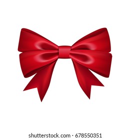 Gift bow ribbon silk. Red bow tie isolated white background. 3D gift bow tie for Christmas present, holiday decoration, birthday celebration. Decorative satin ribbon element Vector illustration