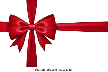 Gift bow ribbon silk. Red bow tie isolated on white background. 3D gift bow tie for Christmas present, holiday decoration, birthday celebration. Decorative satin ribbon element Vector illustration