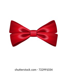 Gift bow ribbon silk. Red bow tie isolated on white background. 3D gift bow tie for Christmas present, holiday decoration, birthday celebration. Decorative satin ribbon element Vector illustration