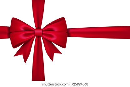 Gift bow ribbon silk. Red bow tie isolated on white background. 3D gift bow tie for Christmas present, holiday decoration, birthday celebration. Decorative satin ribbon element Vector illustration
