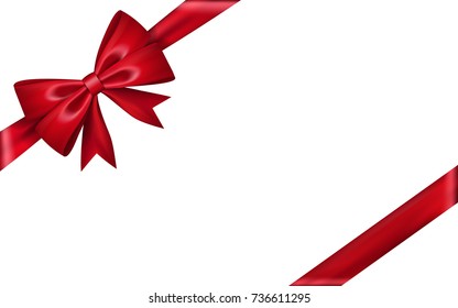 Gift bow ribbon silk. Red bow tie isolated on white background. 3D gift bow tie for Christmas present, holiday decoration, birthday celebration. Decorative satin ribbon element Vector illustration