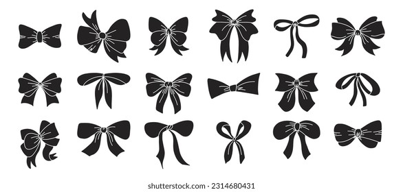 Gift bow set. Black silhouette, birthday and christmas elegant ribbons for presents decoration. Different decor for boxes packaging. Wrapping elements, cards and wrap pack vector isolated set