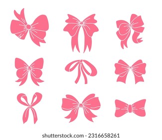 Gift bow set. Pink silhouette, birthday and christmas elegant ribbons for presents decoration. Different decor for boxes packaging. Wrapping elements, cards wrap pack, vector isolated set