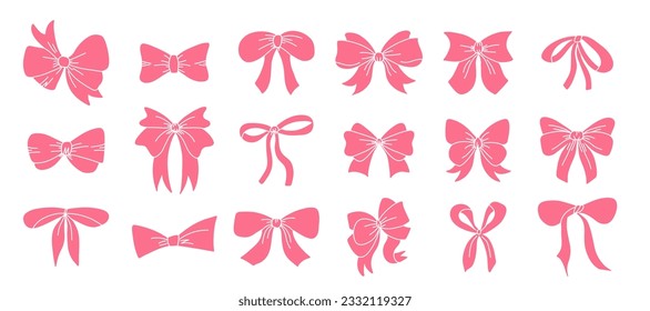 Gift bow set. Pink silhouette, birthday and christmas elegant ribbons for presents decoration. Different decor for boxes packaging. Wrapping elements, cards wrap pack, vector isolated set