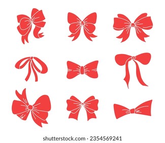 Gift bow set. Red silhouette, birthday and christmas elegant ribbons for presents decoration. Different decor for boxes packaging. Wrapping elements, cards wrap pack, vector isolated set