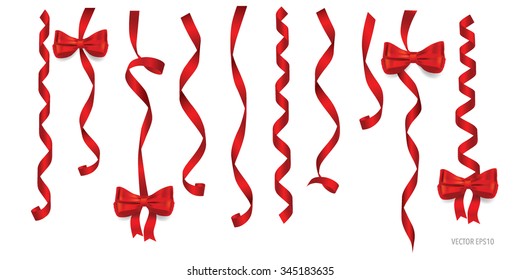Gift bow and shiny red ribbon on white background with copy space. Vector illustration.