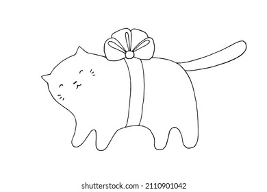 Сat with a gift bow. Vector. Doodle. Drawn by hand. Elements for a greeting card. Sketch. Silhouette. Black and white. Contour. Coloring.