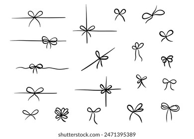 Gift bow for vintage present doodle icons set. Ribbon with knot, vector line drawing. Outline minimal tie hand drawn sketch isolated on white