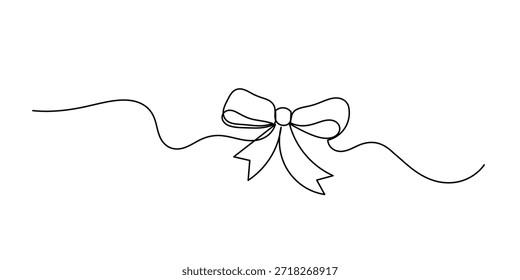 Gift bow-knot black linear design isolated on white background, One continuous line drawing of gift ribbon red bow. Decorative ribbon bow in continuous line art drawing style.