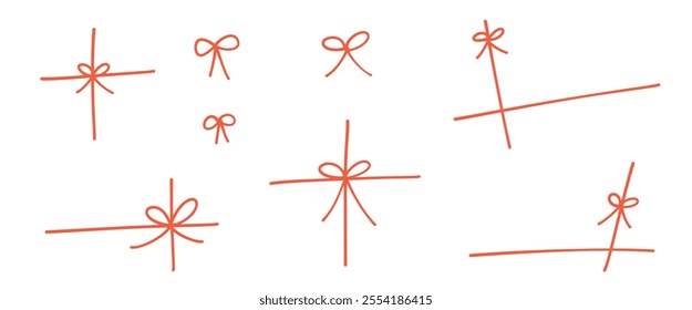 Gift bowknot ribbon. Illustration of a thin string tied in a crisscrossing pattern. Flat hand drawn vector material isolated on white background. Festive gift box, card decoration.