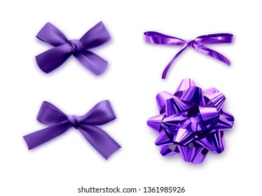 Gift Bows color purple realistic design. Isolated bows with ribbons and shadow