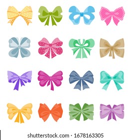 Gift bows colorful flat vector illustrations set. Orange, blue, red, violet bowties decorative bundle. Multicolor hair bows, knots for presents wrapping cartoon elements isolated on white background