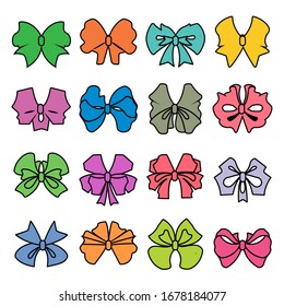 Gift bows colorful flat vector illustrations set. Orange, blue, red, violet bowties decorative bundle. Multicolor hair bows, knots for presents wrapping cartoon elements isolated on white background