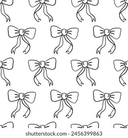 Gift Bows Hand Drawn Seamless Pattern. Romantic Ribbon Bowtie Vintage Doodle Background Texture. Vector Illustration. Wedding, Birthday celebration, holiday decoration print.