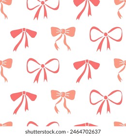 Gift Bows Hand Drawn Seamless Pattern. Romantic Ribbon Bowtie Vintage Doodle Background Texture. Vector Illustration. Wedding, Birthday celebration, holiday decoration print.