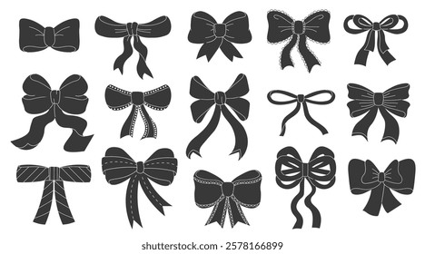 Gift bows, present boxes tied ribbon knots holiday decoration accessories silhouettes set. Elegant Valentines day, Christmas, birthday, wedding package or greeting cards decor vector illustration