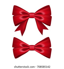 Gift bows ribbon silk. Red bow tie isolated on white background. 3D gift bow tie for Christmas present, holiday decoration, birthday celebration. Decorative satin ribbon element. Vector illustration