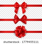 Gift bows with ribbons. Horizontal silk red ribbon with decorative bow, realistic luxury festive satin tape for decor or holiday packaging 3d vector set isolated on transparent background