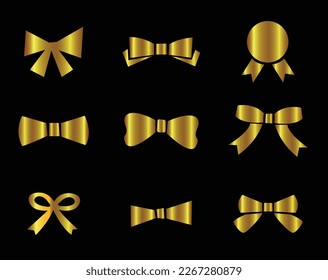 Gift bows ribbons. Realistic satin golden. Golden Gift Ribbon Set.