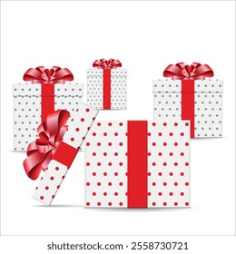 gift box 1 2 White gift boxes with polka dots and red ribbon bow. 3d style, design for giveaway, surprise, holiday. Vector illustration. stock illustration