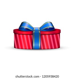 Gift box 3d, blue ribbon bow Isolated white background. Decoration present red gift-box for Happy holiday, birthday, Valentine celebration, Christmas surprise. Giftbox design Vector illustration