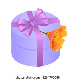 Gift box 3d with bow and flower, isolated. Vector realistic illustration.