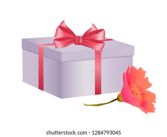 Gift box 3d with bow and red flower, isolated. Vector realistic illustration.