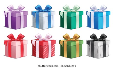 Gift box 3d colorful elements clipart set. Birthday gift boxes icon clip art with ribbon tie, dots pattern and plain collection surprise elements in white background vector illustration. 
