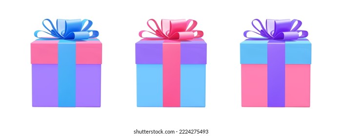 Gift box 3d colorful vector background. 3d present boxes set. Realistic gift boxes collection. Christmas, New Year, Valentines Day, Birthday present.